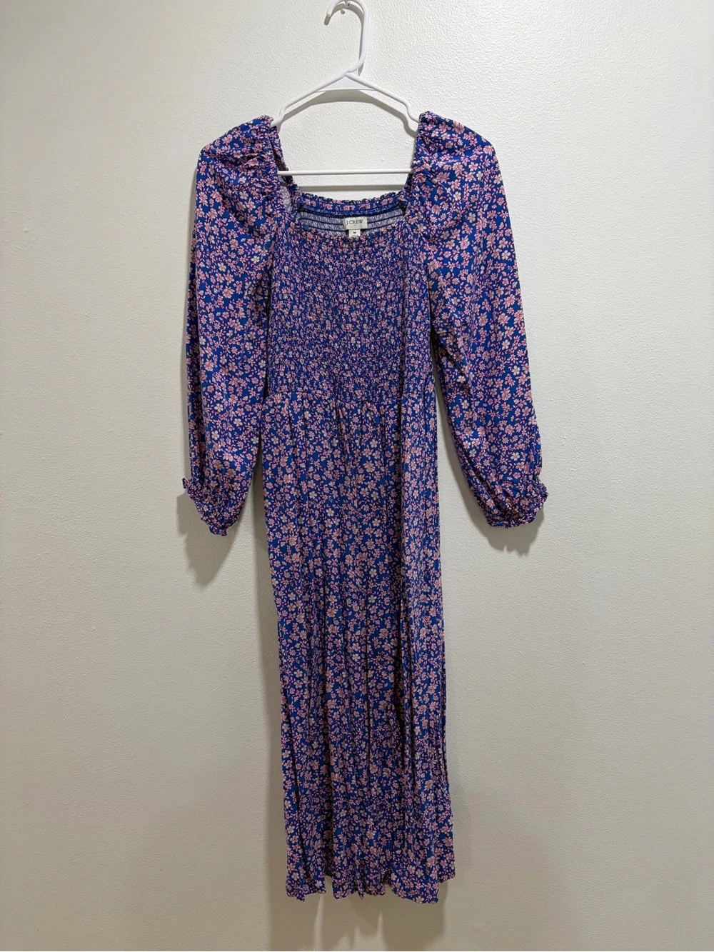 J. Crew Blue Floral Smocked Square-Neck Midi Dress